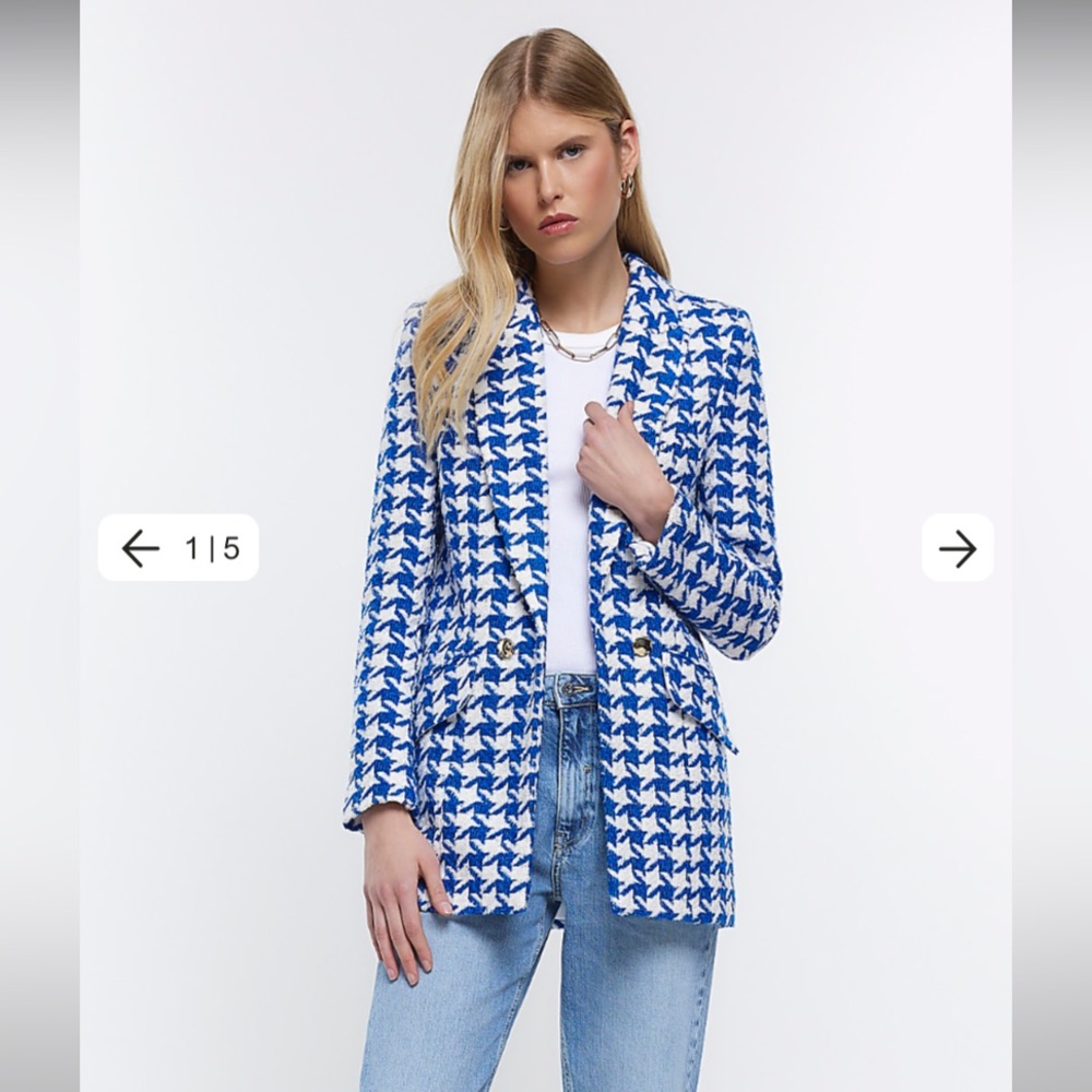 River Island Blue Dogtooth Boucle Blazer Size UK 12 (US 8)
